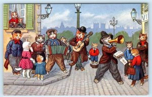 Anthropomorphic DRESSED CATS ~ STREET MUSICIANS - SSS German Postcard