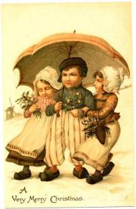 Three Children under Umbrella Hand Colored Christmas 