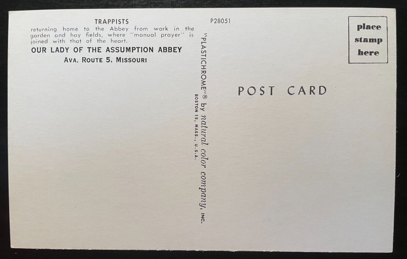 Vintage Postcard 1950's Trappist Monks, Assumption Abbey, Ava, Missouri (MO)