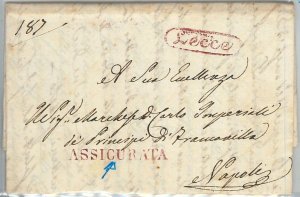 60694 - REGNO - STORIA POSTALE: BUSTA PREFILATELICA da LECCE   1832  ASSICURATA!