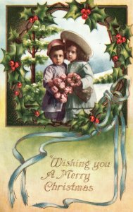 Wishing You A Merry Christmas Greetings Cute Little Girls Vintage Postcard c1910