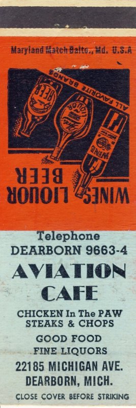 Early Dearborn, Michigan/MI Match Cover, Aviation Cafe