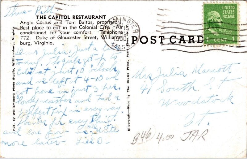 Black White Capitol Restaurant Front View Postcard c1950 Canceled WOB Note PM 