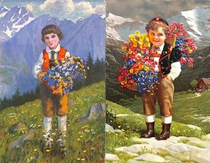 Cultures & Ethnicities drawn Swiss alpine lads folk types unit of 2 postcards