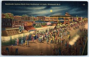 Postcard - Boardwalk, looking North from Auditorium, at night - Wildwood, N. J.