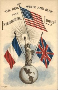 WWI Allies Propaganda Statue of Liberty America UK France Flags Globe Postcard