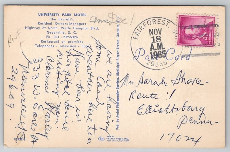 Greenville SC University Park Motel The Everetts 1960s Fairforest Postcard J31