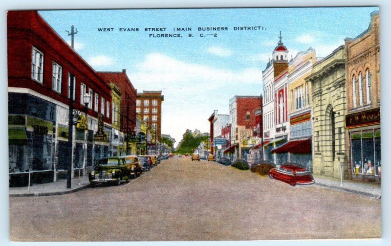 FLORENCE, South Carolina SC ~ WEST EVANS STREET Scene c1940s Postcard