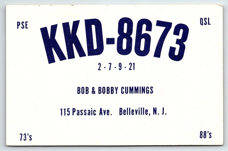 1960s BELLEVILLE NJ BOBBY CUMMINGS 73 88 HAM RADIO CALL LETTER POSTCARD P3830