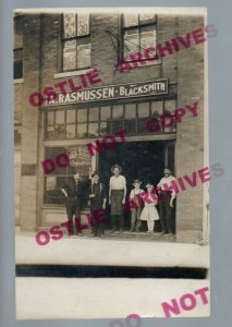 Council Bluffs IOWA RPPC 1910 BLACKSMITH SHOP Rasmussen ADVERTISING nr Omaha IA