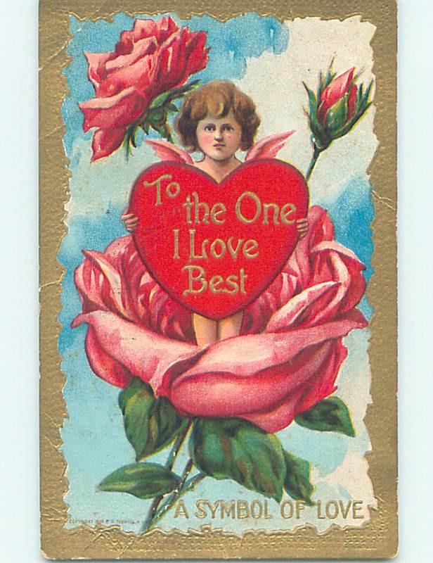 Pre-Linen valentine CUPID STANDING IN GIANT ROSE FLOWER HJ2675