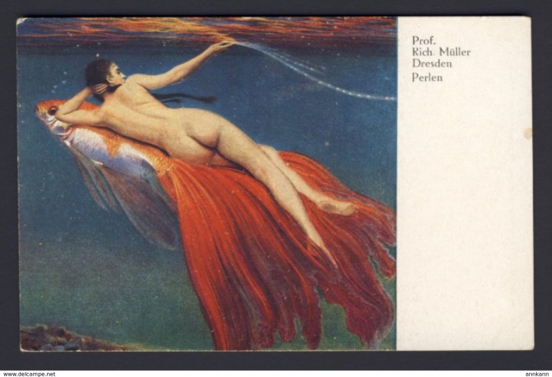 Nude woman riding back of goldfish with enormous fan like tail Prof. Kich Muller