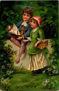 Artwork Postcard Young Girl and Boy in a Garden Holding a Boat and Basket