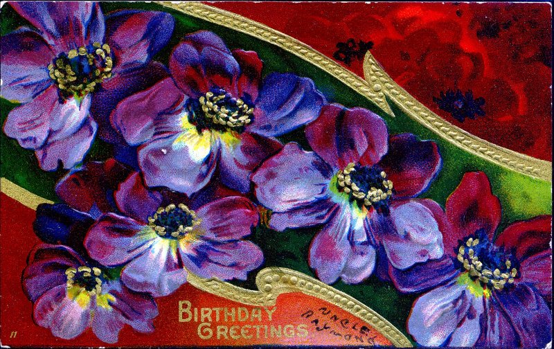 Birthday~BEAUTIFUL PURPLE POPPY FLOWERS TRIMMED IN GOLD~Poppies~Antique Postcard