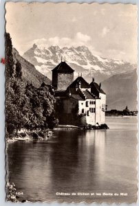 Chateau De Chillon Et Les Dents Du Midi Switzerland Real Photo RPPC Postcard