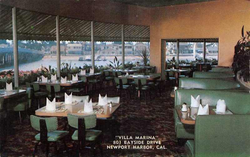 Newport Harbor California Villa Marina Restaurant Dining Room Postcard AA61209