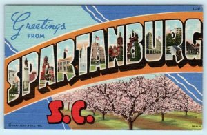 Large Letter Linen SPARTANBURG, South Carolina SC ~ Curteich c1940s Postcard