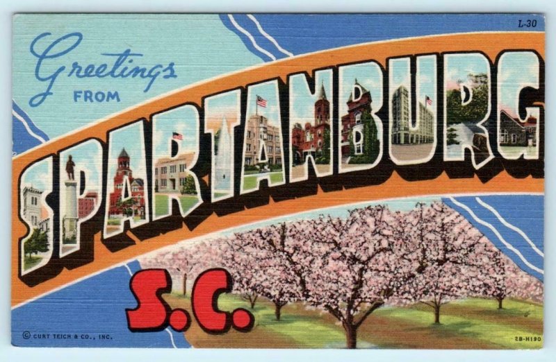 Large Letter Linen SPARTANBURG, South Carolina SC ~ Curteich c1940s Postcard