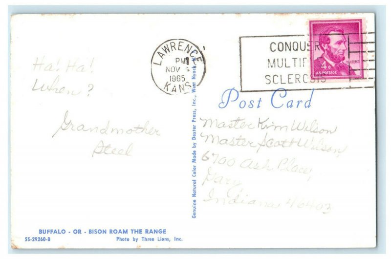 1965 Buffalo or Bison Roam The Range Lawrence Kansas KS Cancel Postcard