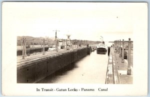 c1930s Panama Canal RPPC Gatun Lock Real Photo Steamer Freight Ship Postcard A97