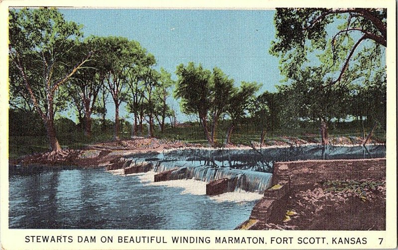 Stewarts Dam Winding Marmaton Fort Scott KS Vintage Postcard Standard View Card 