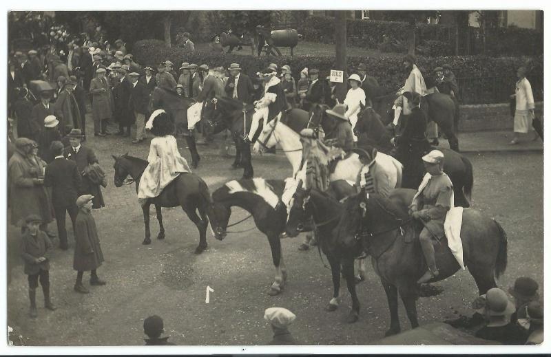 Circa 1930s Fancy Dress Group on Horseback Unknown Location RP PPC Gymkhana