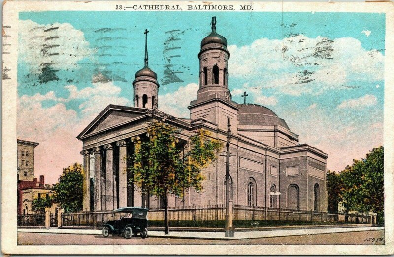 Cathedral Baltimore MD Maryland Old Car WB Postcard PM 1930 Cancel WOB Note 