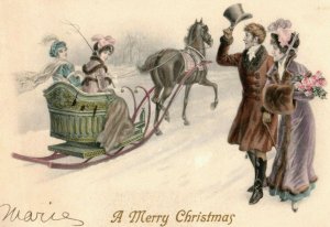 C.1910 Christmas Sled Ride Hand Colored M. Munk Austria Vintage Postcard P78 