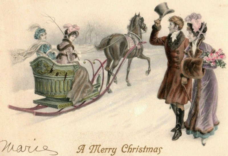 C.1910 Christmas Sled Ride Hand Colored M. Munk Austria Vintage Postcard P78