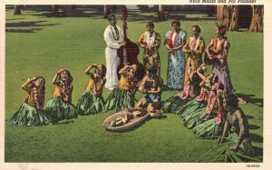 Vintage Postcard 1930's Hula Maids and Poi Pounder Honolulu Hawaii