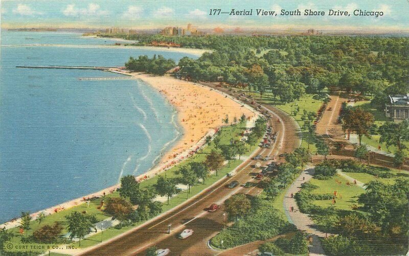 Aerial View Outer Drive Chicago Illinois Teich linen Postcard South Shore 4976