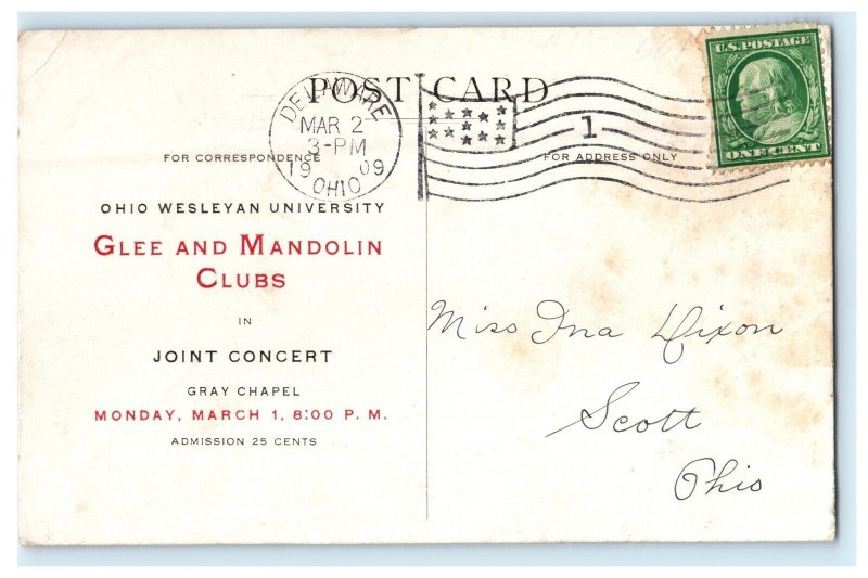 1909 Ohio Wesleyan University Glee Mandolin Clubs Concert Advertising Postcard 