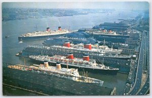 Vintage PORT OF NEW YORK Ocean Liners & Intrepid Aircraft Carrier Postcard