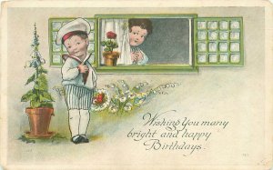 Cute Little Boy in Navy Suit, Girl in Window Birthday Postcard Unposted