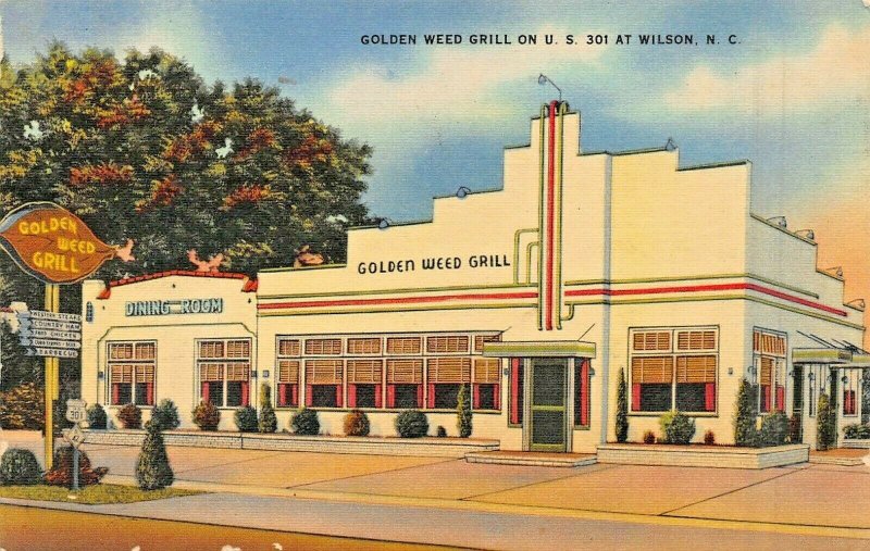 WILSON NC~GOLDEN WEED GRILL-FRIED CHICKEN-ART DECO BLDG 1948 PSTMK POSTCARD