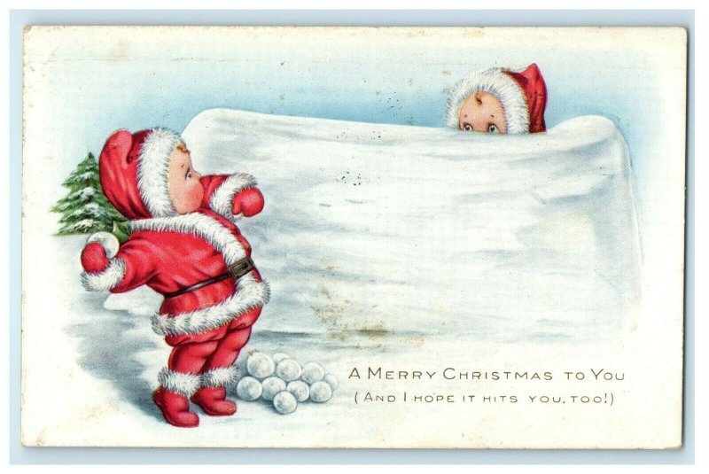 1918 Christmas Children In Santa Claus Playing Snowballs Embossed Postcard 