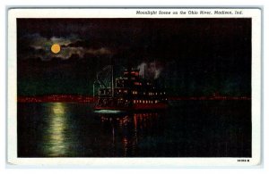 MADISON, IN Indiana ~ STEAMBOAT on Ohio River by MOONLIGHT c1940s Linen Postcard