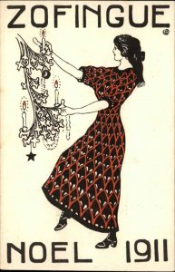 Art Deco Christmas Beautiful Woman Tree Ornaments ZOFINGUE NOEL 1911 Postcard