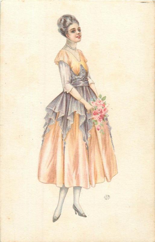 Italian artist signed U. M. postcard glamour lady fancy dress