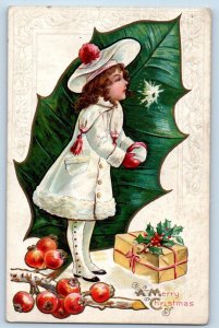 Christmas Postcard Child Girl Snowball Gift Berries Embossed Harrisburg PA