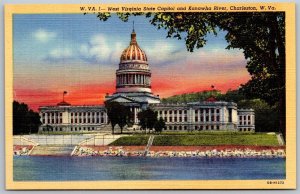 Vtg Charleston West Virginia WV State Capitol & Kanawha River 1940s Postcard