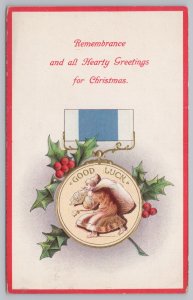 Holiday~Golden Medal Holly Remembrance & Christmas Greeting~Vintage Postcard