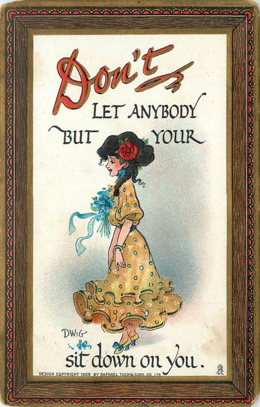 Embossed Tuck Postcard Knocks Witty and Wise 165 Artist Dwig Woman Sit On You