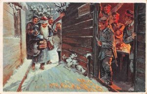 Christmas Greetings Santa Claus Blue Robe Visits Soldiers Postcard AA105861