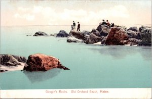 People on Googins Rocks, Old Orchard Beach Maine Postcard