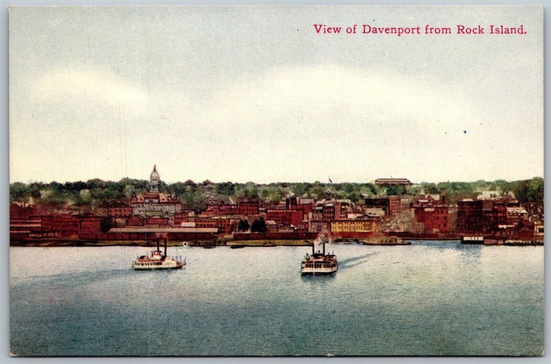 Vtg Davenport Iowa IA City Skyline River From Rock Island 1910s View Postcard