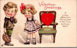 Valentine's Day Postcard Young Girl Offering Boy a Seat in a Chair