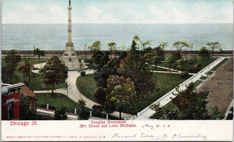 Chicago IL Douglas Monument c1906 Jamaica Queens NY Postmark Postcard F14