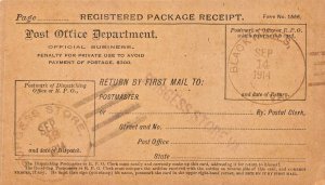 BLACKWELLS VIRGINIA PSTMK~U S POSTAL REGISTERED PACKAGE RECEIPT CARD 1914