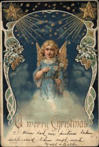 Christmas Little Girl Angel Gilt Inlay Embossed c1910 Vintage Postcard